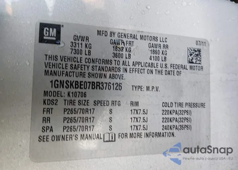 2011 Chevrolet Tahoe Lt из США, поврежденный, VIN 1GNSKBE07BR376126